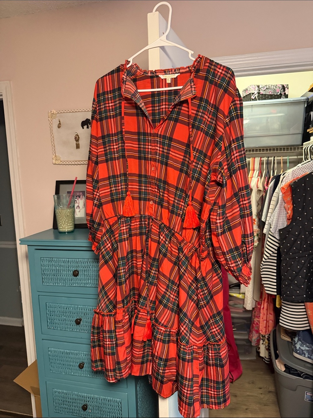 Womens Red Plaid Tiered Dress with Tassel Tie